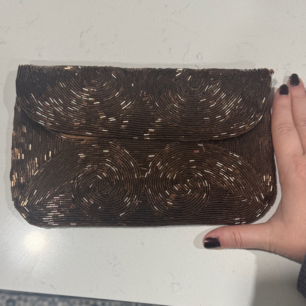 Chic Brown Beaded Clutch